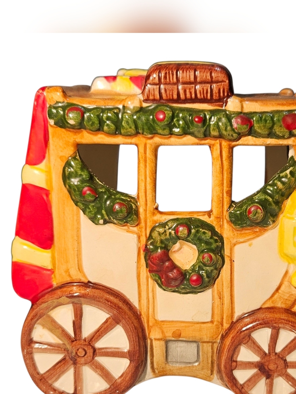 Vtg Jasco Hand-painted Ceramic Christmas Stagecoach Tealight Candle Holder